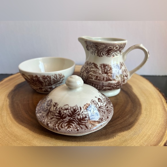 Churchill Currier & Ives “Mill Dam” Sugar Bowl w/Lid & Creamer Made in England - Picture 6 of 10